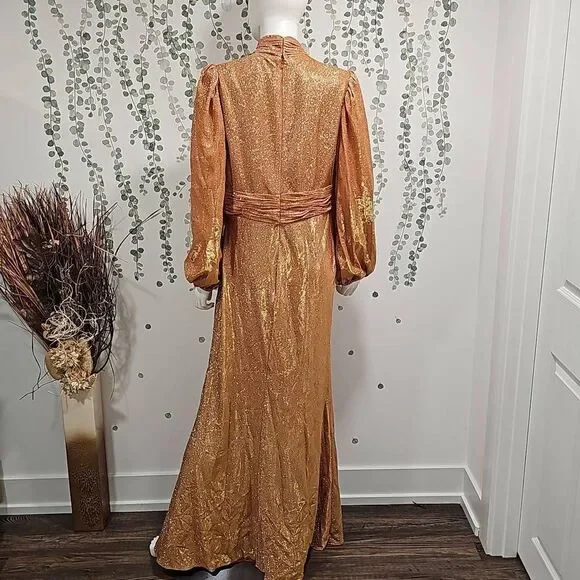 Mac Duggal Bishop Sleeve High Neck Dress Sz 12 - Picture 4 of 11